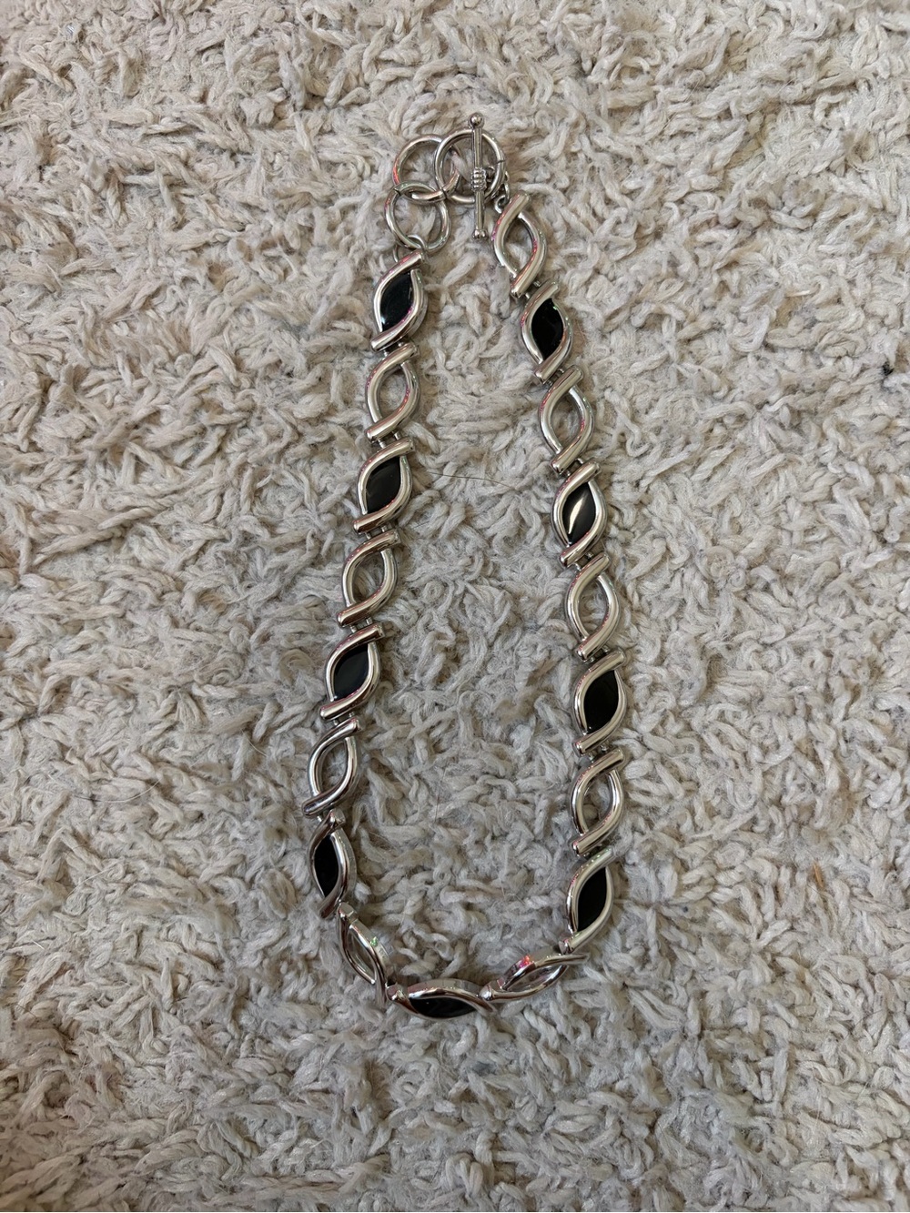 Vintage Silver Tone Black Enamel Link Statement Necklace Toggle Clasp -